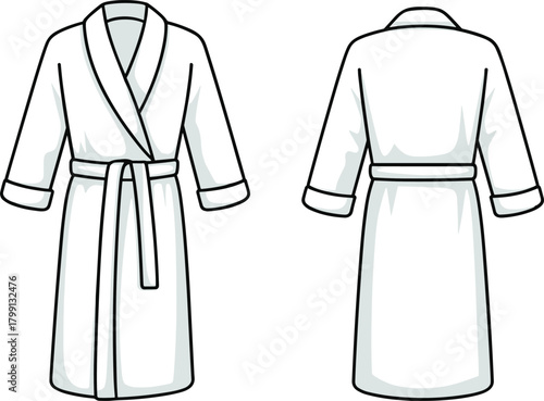 PrintWhite bathrobe flat sketch, belted long robe design, cozy dressing gown illustration, sleepwear fashion template, comfortable nightwear clothing vector art