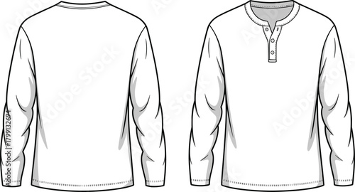PrintWhite long sleeve henley shirt front and back view, casual cotton apparel design template, fashion clothing mockup for men illustration, realistic vector