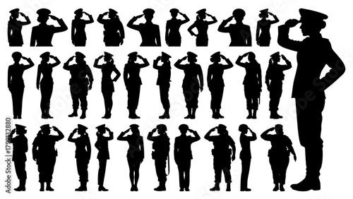 Female Military and Police Officers Saluting - Silhouette Vector Big Collection, Transparent Background