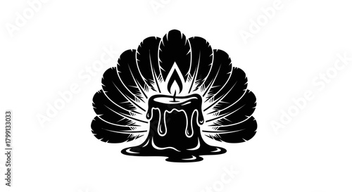 A black and white illustration of a lit candle with dripping wax, surrounded by a fan of dark feathers.