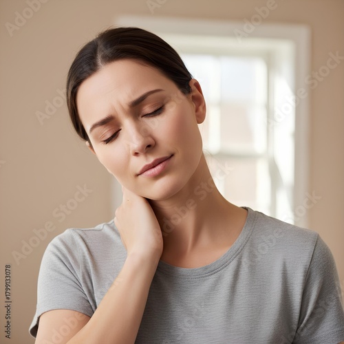 Wallpaper Mural Woman with neck pain touching her neck at home Torontodigital.ca