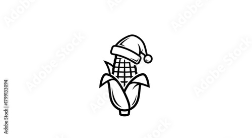 A black and white illustration of a corn cob wearing a Santa hat.