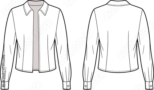 PrintWomen long sleeve shirt technical fashion flat sketch, front and back view blouse template, professional clothing design illustration