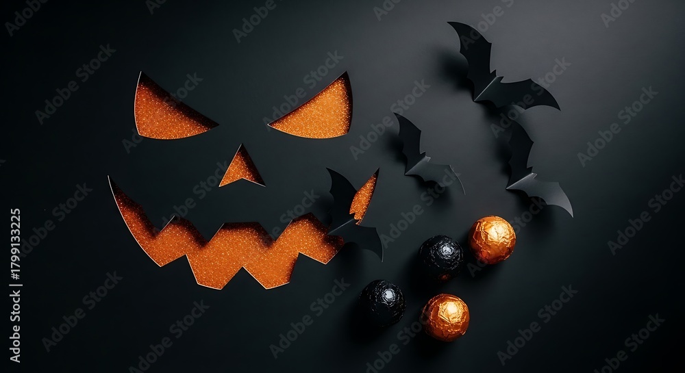 Fototapeta premium Halloween jack o lantern face with bats and candy on black pumpkin scary