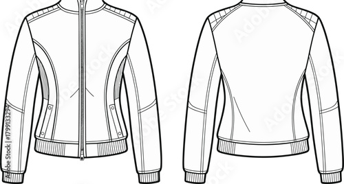 PrintWomen’s bomber jacket technical flat sketch, front and back view, stylish zipper jacket design template, fashion vector illustration, outerwear apparel drawing