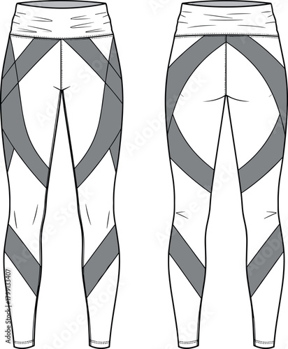 PrintWomen’s fitness leggings front and back view, activewear design template, workout yoga pants mockup, sporty clothing apparel vector illustration