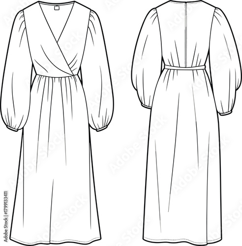 PrintWomen wrap dress fashion flat sketch, long sleeve maxi dress illustration, front and back view, apparel design technical drawing vector