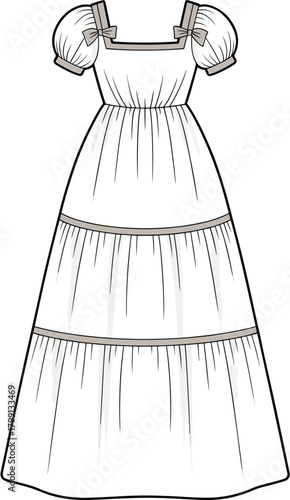 PrintWomen’s long puff sleeve maxi dress front view, elegant fashion clothing design template, stylish summer outfit apparel vector illustration