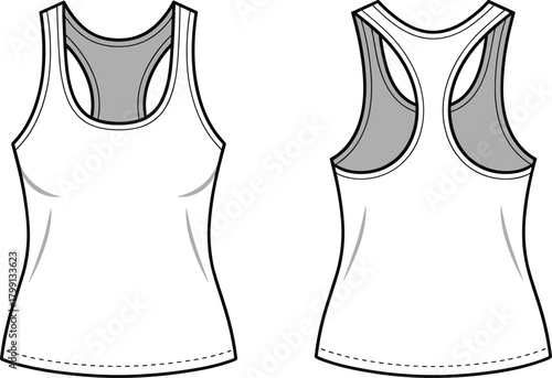 PrintWomen’s racerback tank top technical flat sketch, front and back view, sleeveless athletic wear design template, fitness apparel illustration