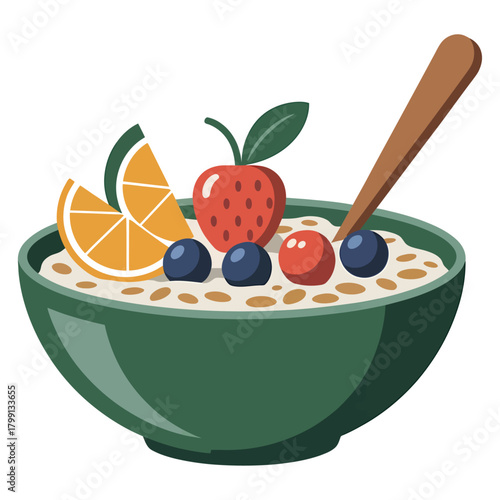 healthy oatmeal bowl illustration with fresh fruit toppings and natural breakfast elements in vector style