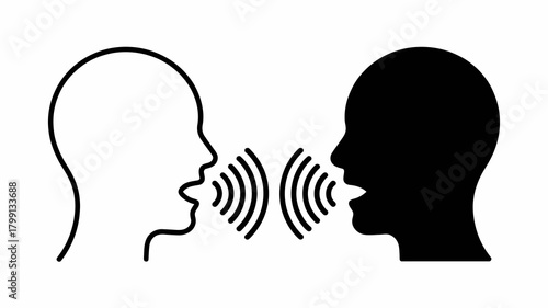 Heads communicating icon with sound waves, representing dialogue, discussion, and verbal interaction between two people