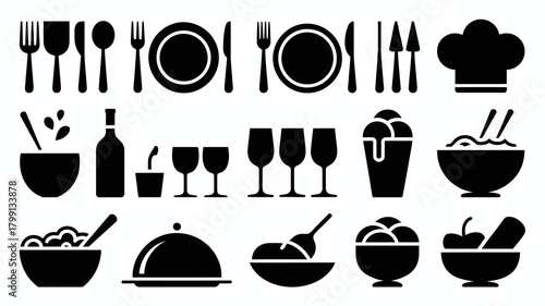 Essential restaurant, kitchen, food, and dining icons collection: cutlery, dishes, chef's hat, drinks, and diverse meals