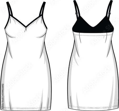PrintWomen’s slip dress technical fashion flat, front and back view illustration, lingerie apparel design template, minimalist nightwear outline for designers.