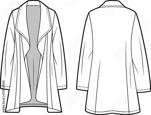 PrintWomen's cardigan sketch, fashion flat, open front coat, shawl collar design, technical drawing, garment template, apparel illustration, sewing pattern