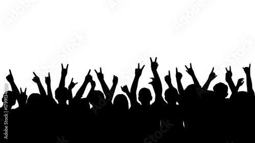 Excited crowd silhouette raising hands, some showing rock on gesture, celebrating concert or event on white background.