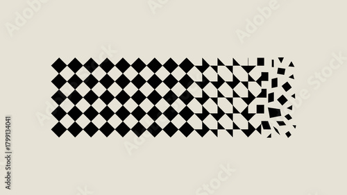 Abstract black and white checkerboard pattern dynamically dissolving into geometric fragments, modern art design on a light beige background.