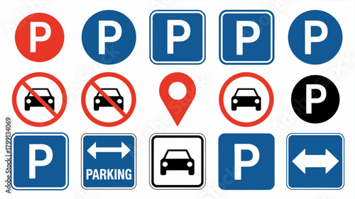 Collection of diverse parking and no parking signs, location pin, and car icons for road regulation and guidance symbols.