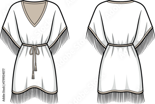 PrintWomen's kaftan dress fashion flat sketch, front and back view, boho fringe tunic design with waist belt, vector illustration.