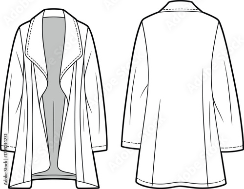 PrintWomen's long sleeve open front coat front and back view, fashion outerwear design template, stylish clothing apparel mockup illustration