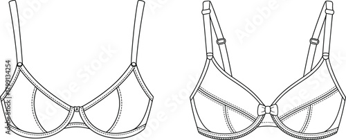 PrintWomen's lingerie bra vector template, front and back view, underwire bra design, fashion flat sketch, intimate apparel technical drawing.
