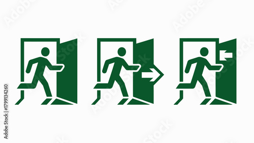Collection of three universal green emergency exit signs, depicting a running person leaving a door with and without arrows.