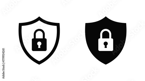 Digital security shield and padlock icon set representing data protection, privacy, and safe online transactions