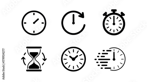 Time icons collection: clocks, stopwatch, hourglass, fast forward, refresh. modern symbols for time management, deadlines, and urgency concepts.
