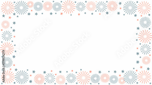 Festive holiday celebration frame with decorative red and blue sunburst patterns and scattered stars, perfect for invitations.