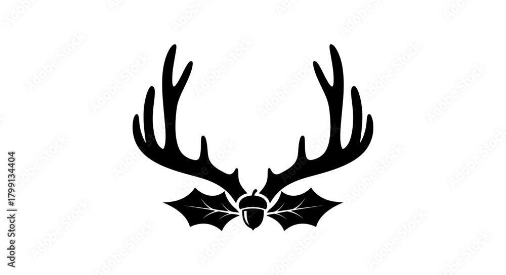 Obraz premium A black silhouette of deer antlers above a cluster of holly leaves and an acorn.