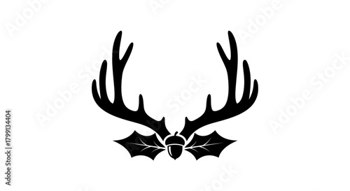 A black silhouette of deer antlers above a cluster of holly leaves and an acorn.