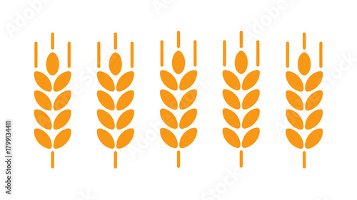 Five golden gradient stylized wheat or grain ears, minimalist vector icon design for agriculture, harvest, and food concepts.