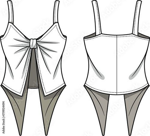PrintWomen's sleeveless top technical flat sketch, bow front long tail design, vector fashion template, apparel illustration, clothing outline, designer garment drawing