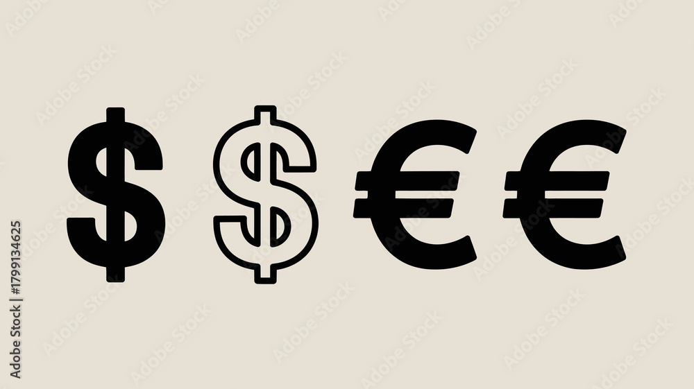 Obraz premium International currency symbols featuring both solid and outlined dollar signs alongside euro signs, representing global finance.