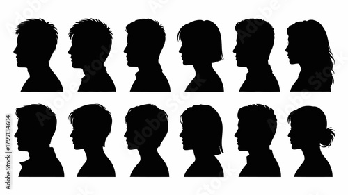 Diverse male and female profile silhouettes, anonymous people avatars with varied hairstyles, side view black human head shapes
