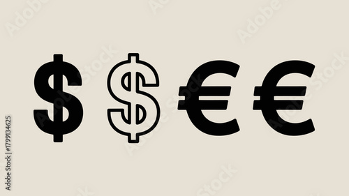 International currency symbols featuring both solid and outlined dollar signs alongside euro signs, representing global finance.