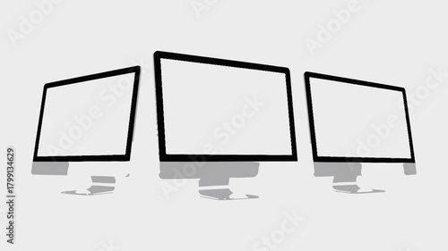 Three modern all-in-one desktop computers with blank white screens in a sleek row, ideal for website and app mockups on a clean setup