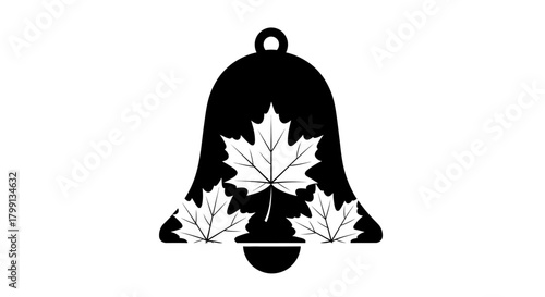 A black silhouette of a bell with three white maple leaves inside.