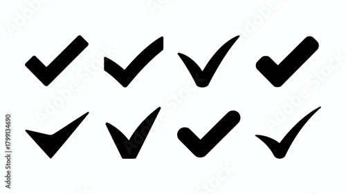 Eight distinct black checkmark icons, a versatile collection for indicating approval, completion, success, or confirmation.