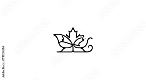 A minimalist black and white line art logo featuring a stylized bird and a maple leaf on a sleigh.