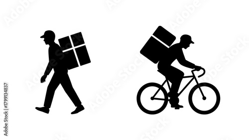Delivery worker walking with package and courier on bicycle with box, illustrating efficient logistics and shipping