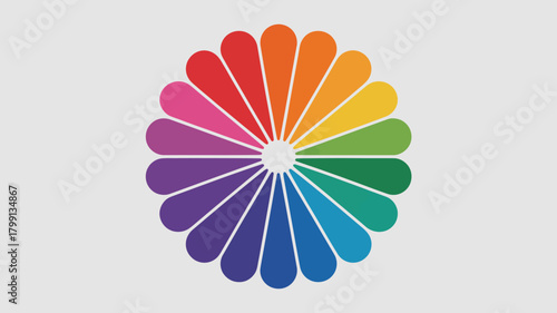 Vibrant color wheel spectrum forming a stylized floral petal design, showcasing a full rainbow gradient of diverse hues