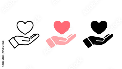 Hand holding heart icon set representing care, love, charity, giving, health, and passion on an isolated white background