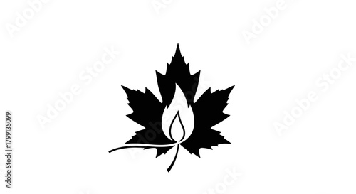 A black silhouette of a maple leaf with a flame emerging from its stem.