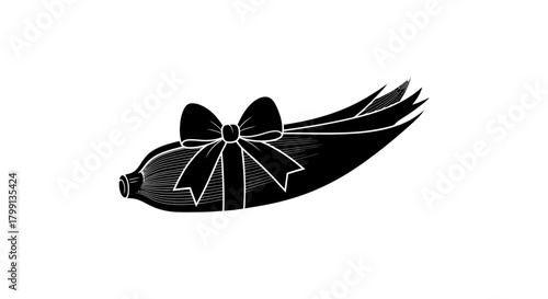 A black and white illustration of a tamale wrapped with a black bow.