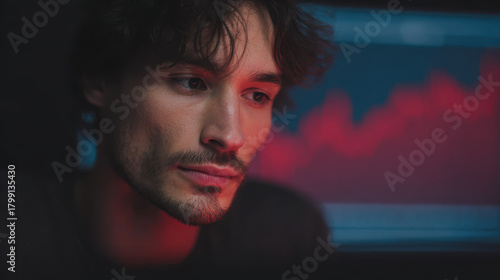 Worried investor, red chart, bear market, trading desk, low light, moody, finance mood