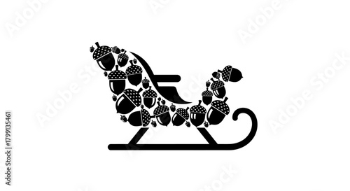 A black and white illustration of a sleigh filled with acorns, symbolizing a winter theme.