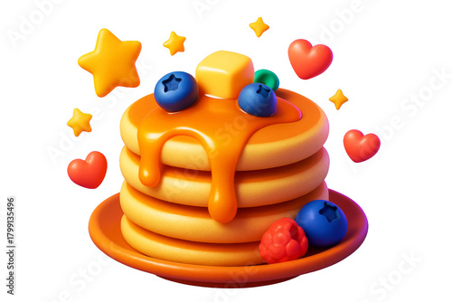 Stack of pancakes with syrup, butter, and berries in playful cartoon style, isolated on white background. Concept of breakfast and fun. Ai generative