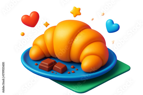 Cartoon-style croissant and chocolate on blue plate, isolated on white background with hearts and stars, concept of fun breakfast. Ai generative