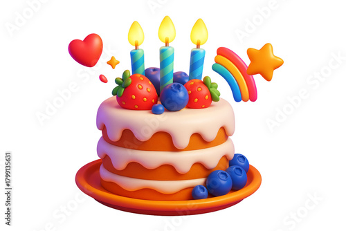 Bright cartoon-style birthday cake with strawberries, blueberries, candles, and fun elements isolated on white background, celebration concept, Ai generative