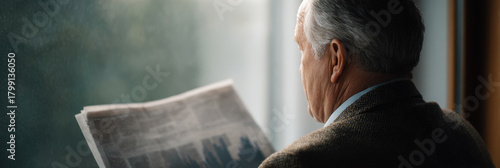 Older investor reading newspaper, window light, morning calm, thoughtful focus